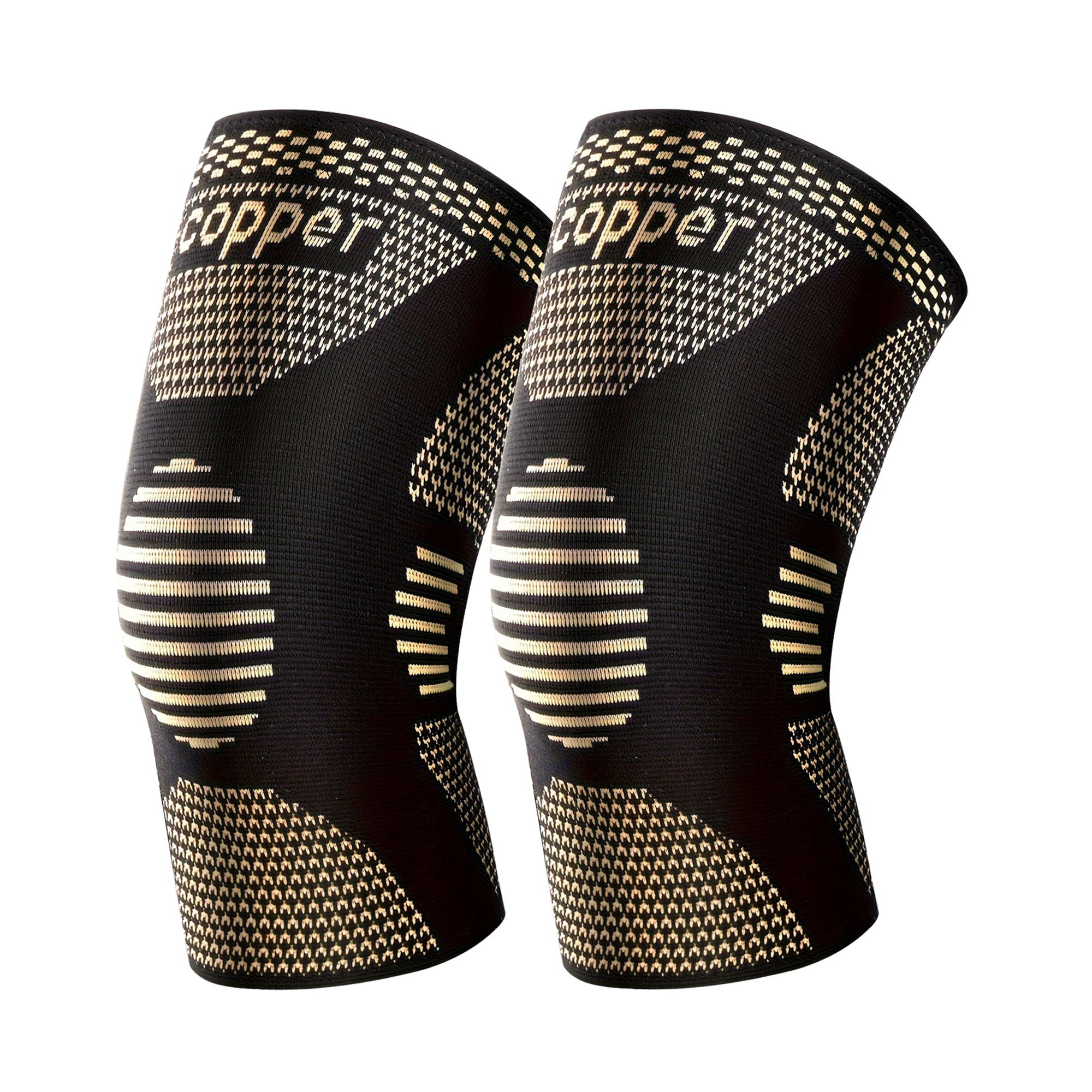 Pair of black copper knee compression sleeves with gold diagonal knit and COPPER print