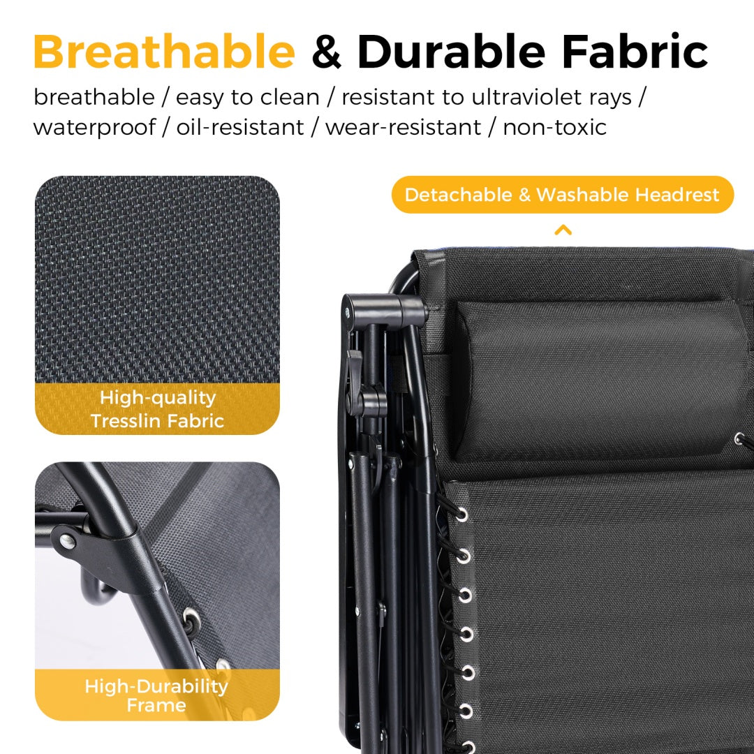 Black folding recliner with breathable fabric headrest and metal frame detail.