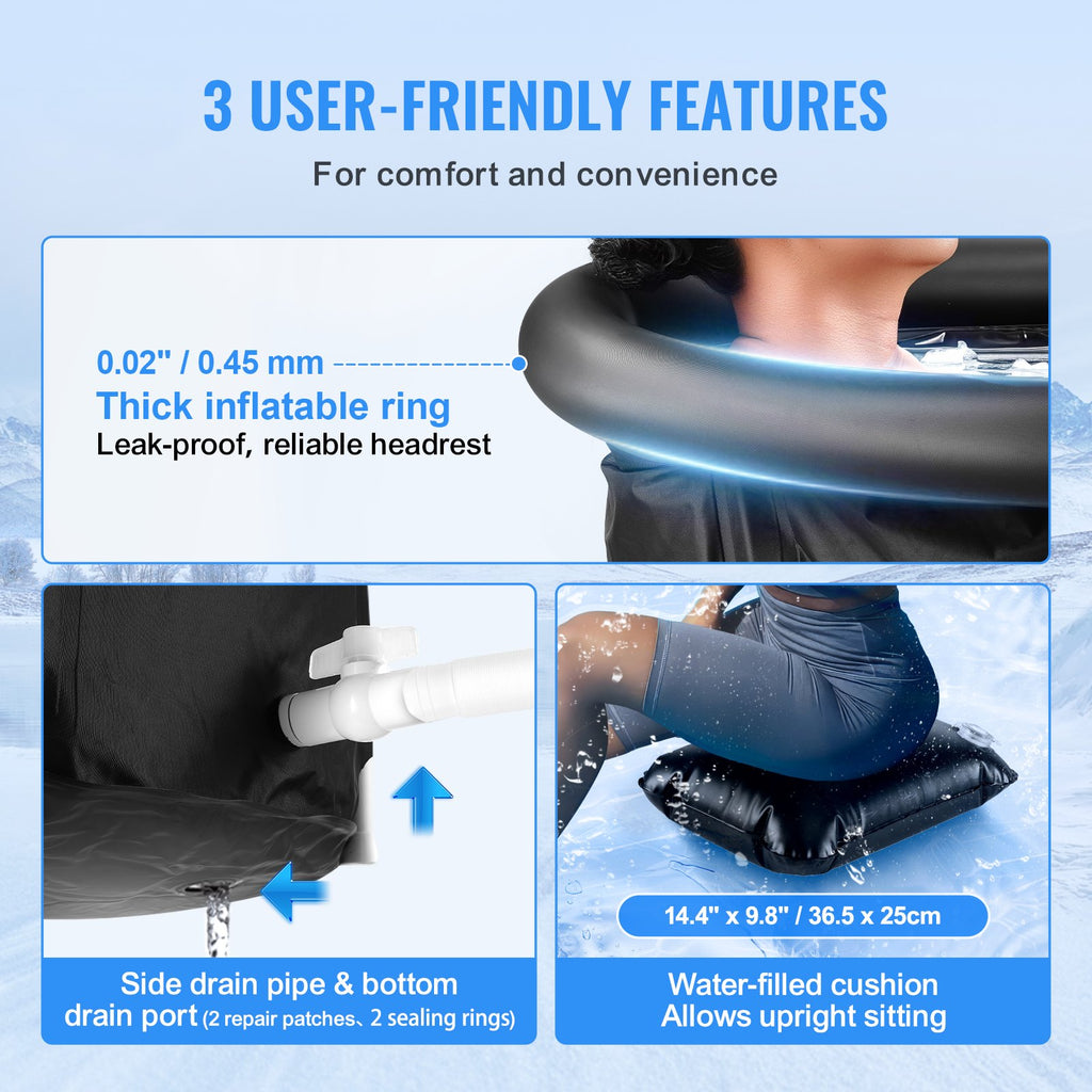Black inflatable ice bath tub with thick inflatable rim and side drain outlet