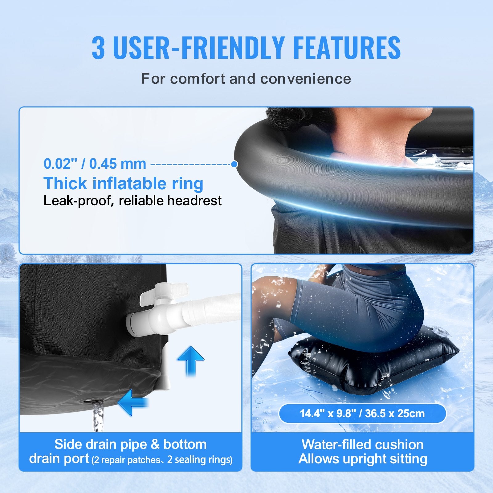 Black inflatable ice bath tub with thick inflatable rim and side drain outlet