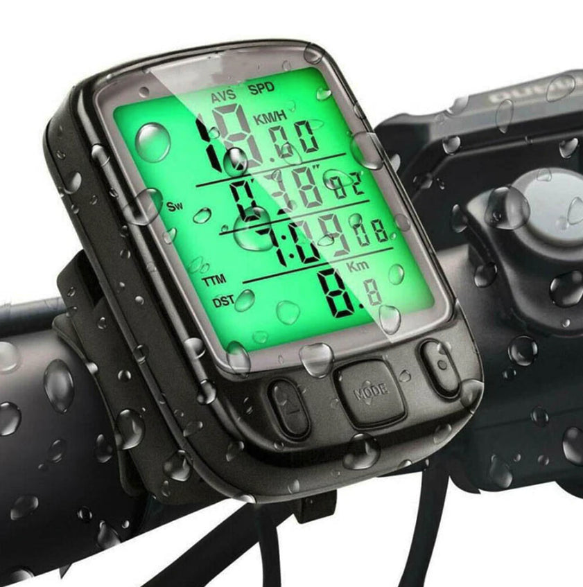 Handlebar bike speedometer with green LCD and raindrop-covered weatherproof design