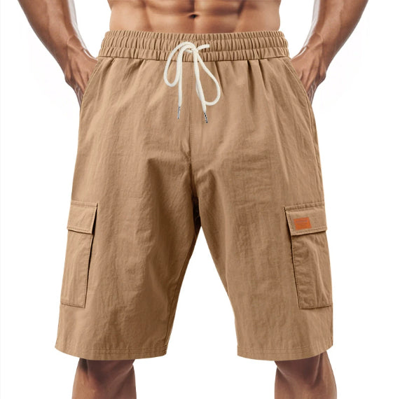Khaki men’s drawstring cargo shorts with elastic waist and two side utility pockets