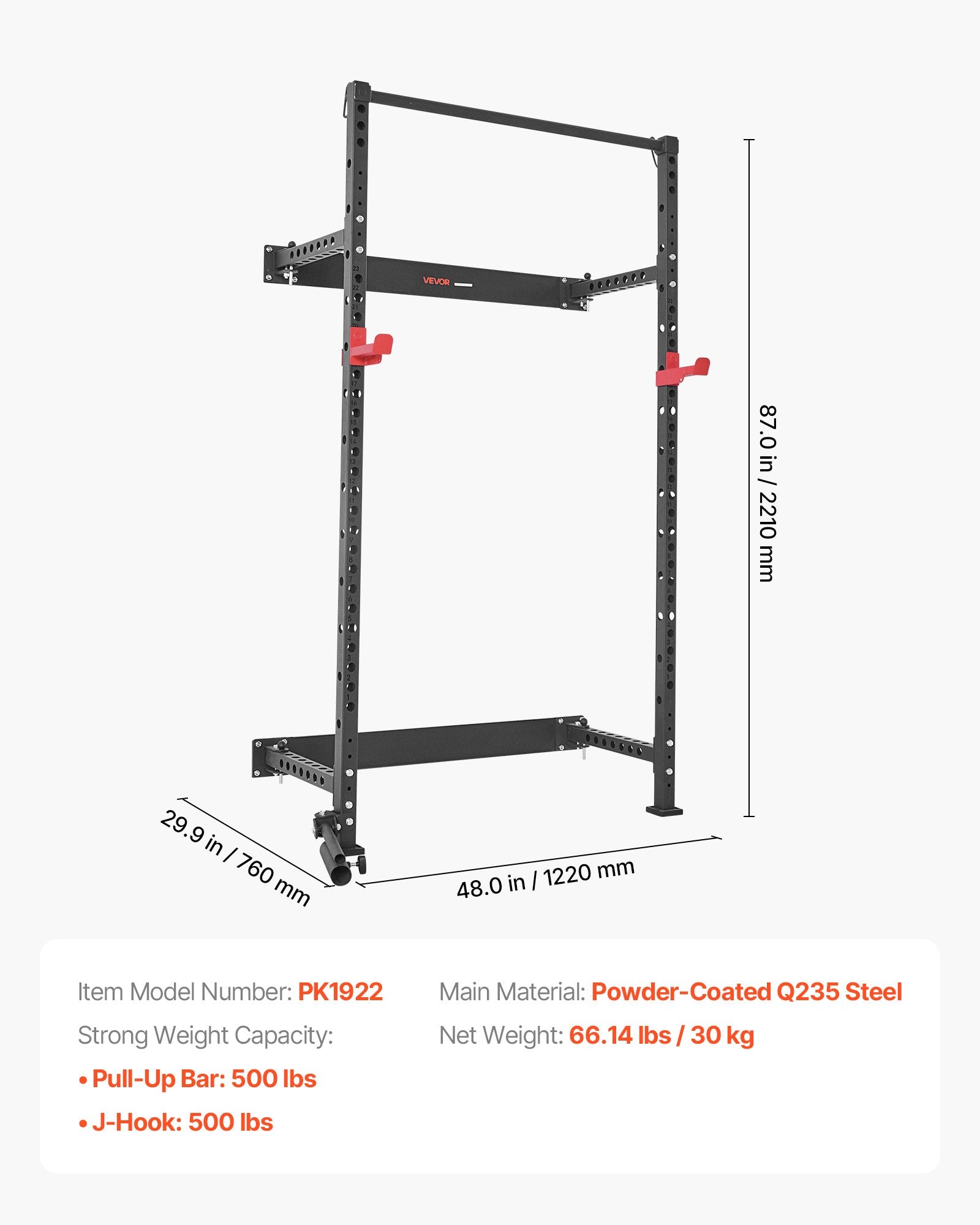 Black wall-mounted folding squat rack frame with red safety hooks and pull-up bar