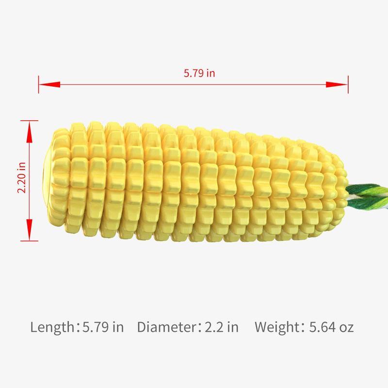 Yellow ridged corn chew toy with green cotton rope tail, length and width view