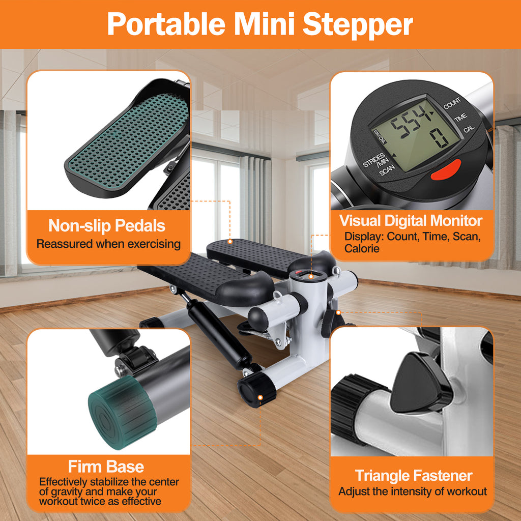 Mini fitness stepper with gray non-slip pedals, LCD screen, and two resistance bands