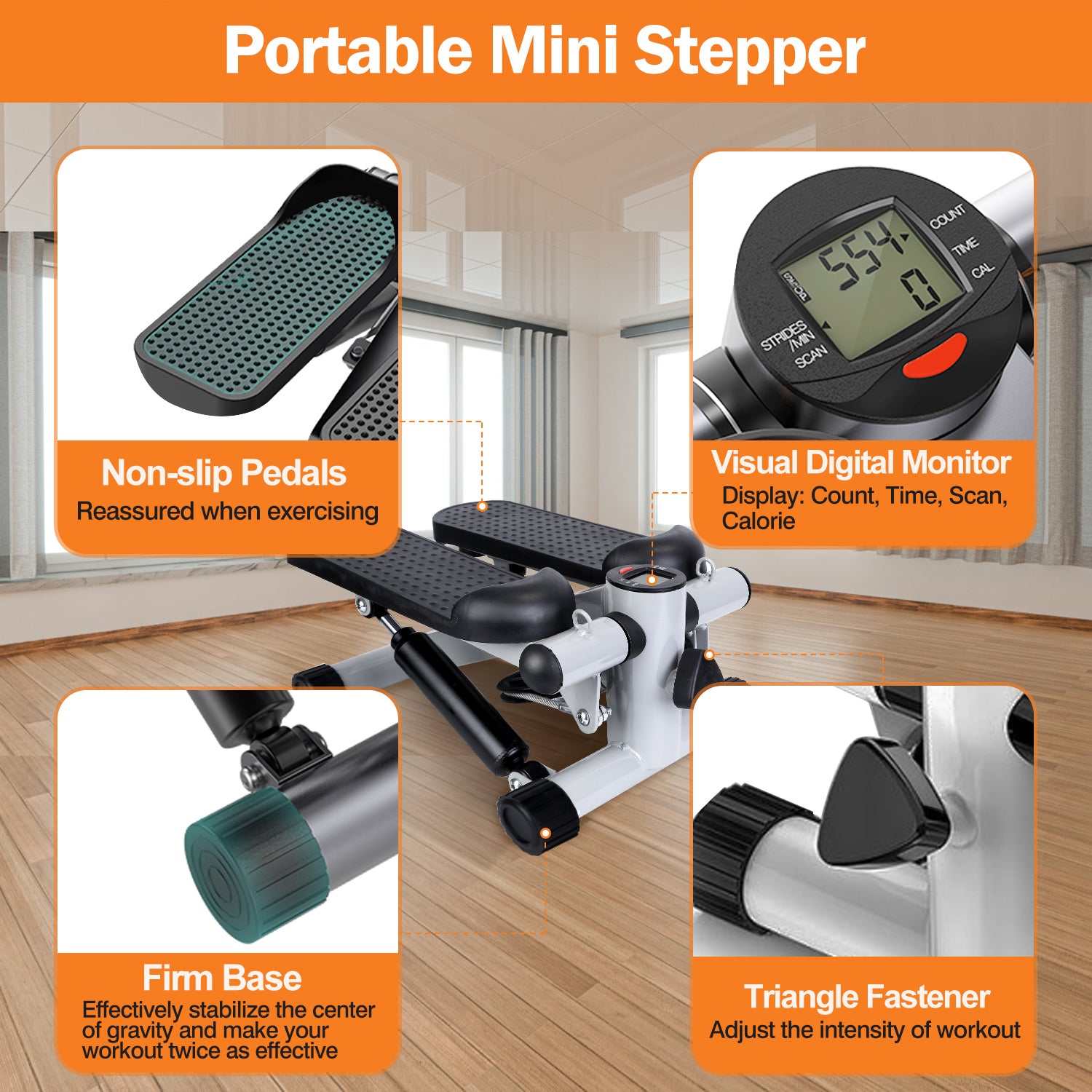 Mini fitness stepper with gray non-slip pedals, LCD screen, and two resistance bands