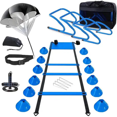 Blue agility ladder with training cones, ladder frame, and black carry bag included set
