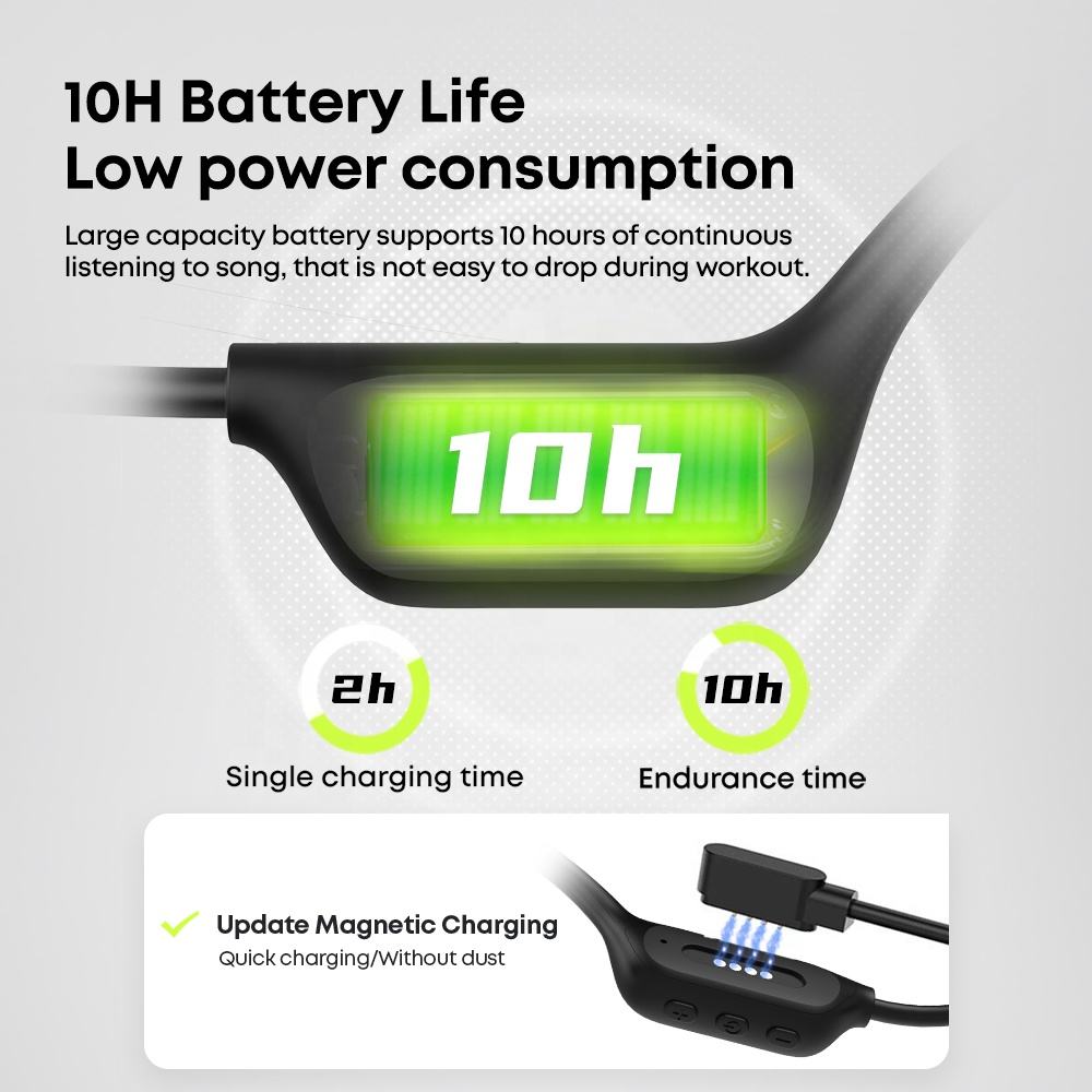 Black bone-conduction swimming headphones with LED battery display and charging cable
