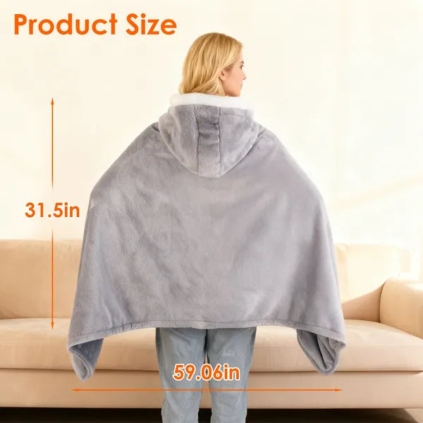 Grey hooded heated throw blanket back view with wide cape sleeves