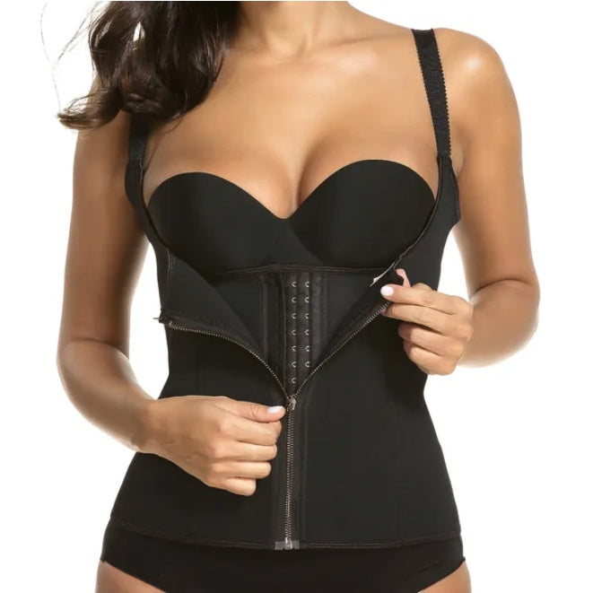 Black zipper waist trainer corset with underwire cups and front zipper closure
