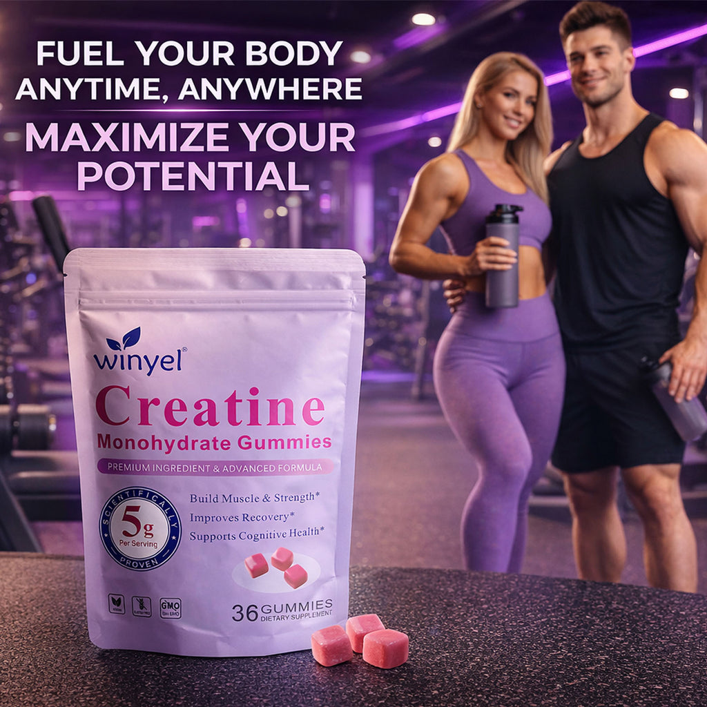 Creatine monohydrate gummies pouch on gym floor with athletes holding bottles in background