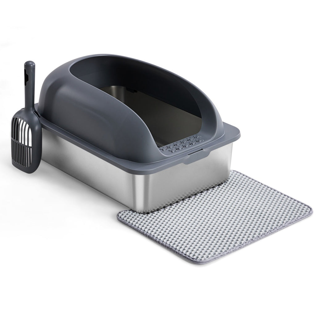 Large cat litter box with lid, dark hood, stainless steel base, included litter mat