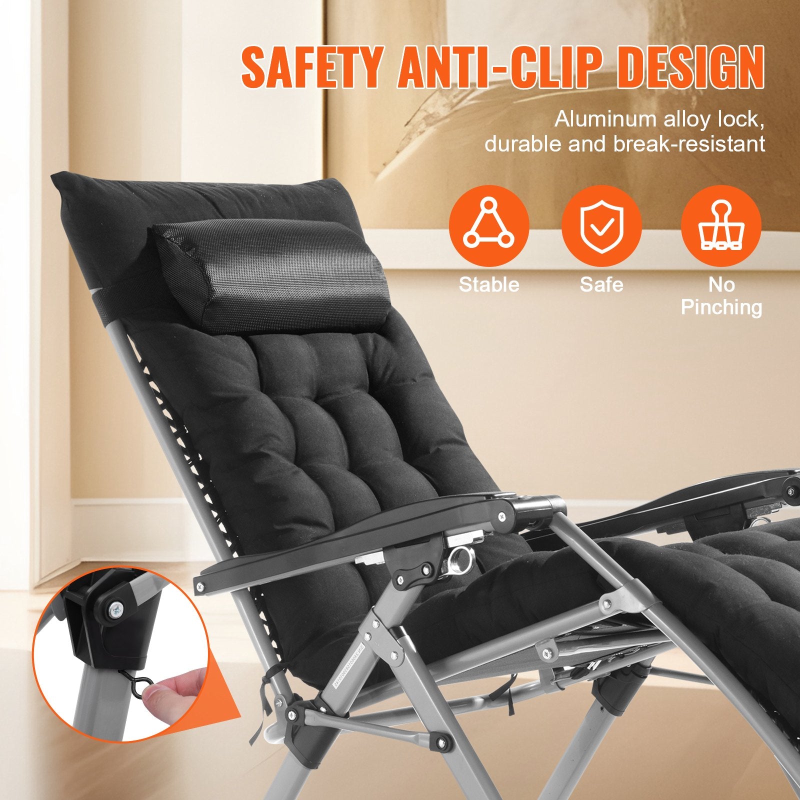Black recliner chair close-up of side bracket lock and padded backrest on metal frame.