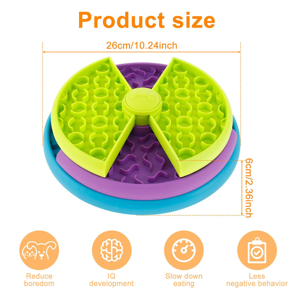 Green 3-in-1 interactive dog feeder size shown: 26 cm diameter with textured maze