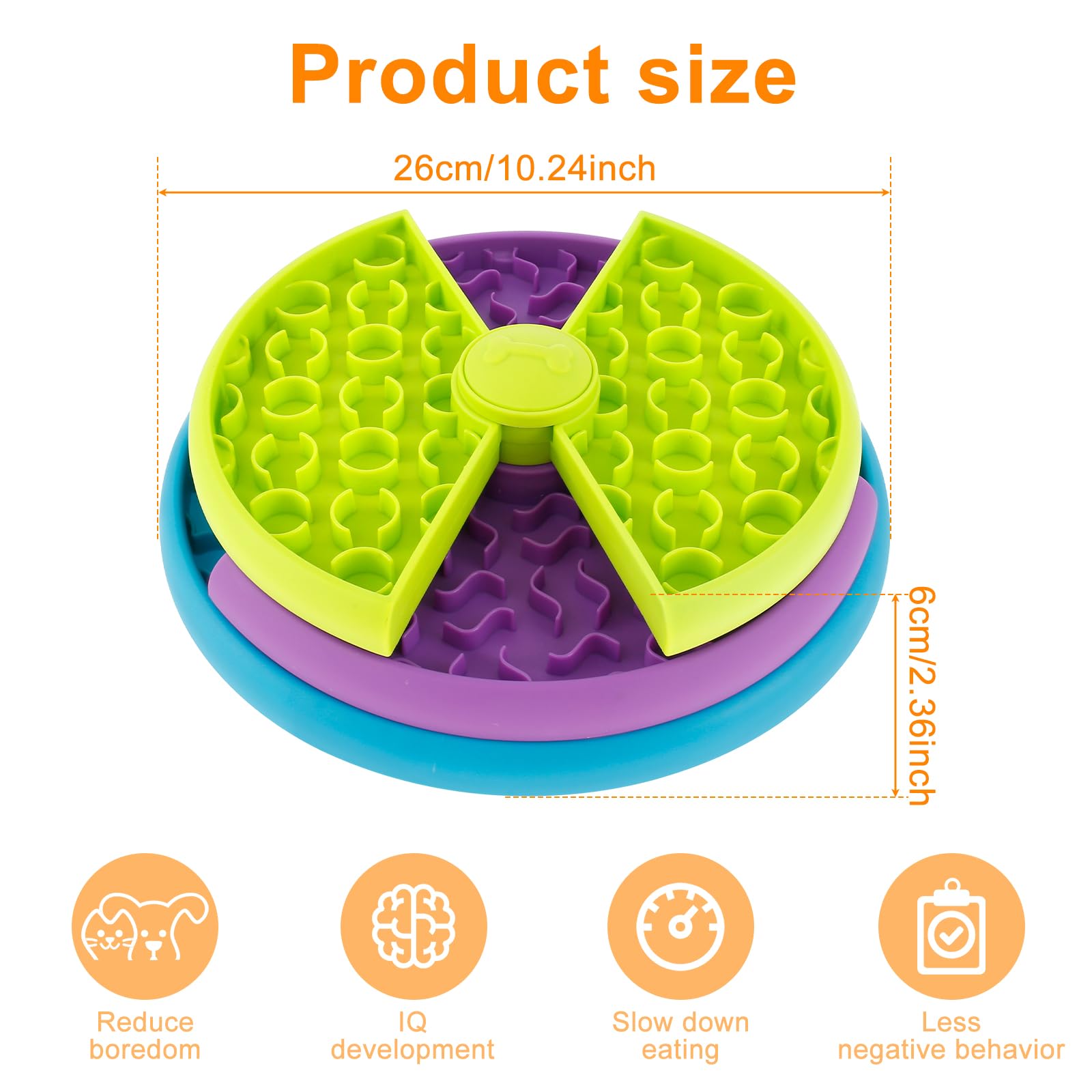 Green 3-in-1 interactive dog feeder size shown: 26 cm diameter with textured maze