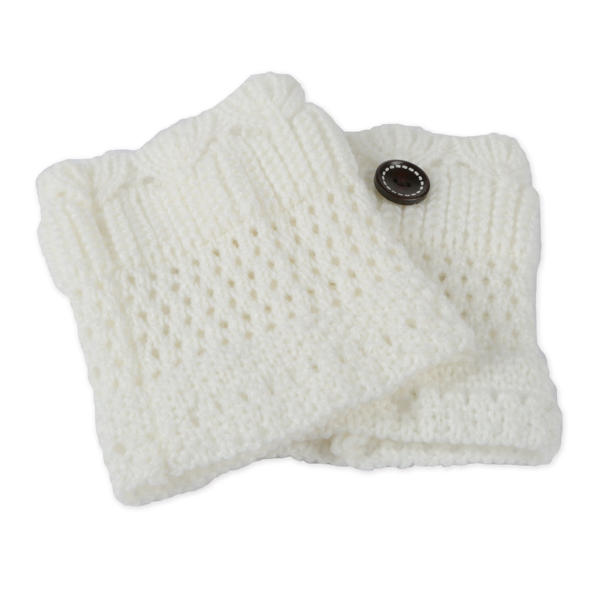 Women’s crochet knit leg warmers, cream/white with wide cuffs and small button detail