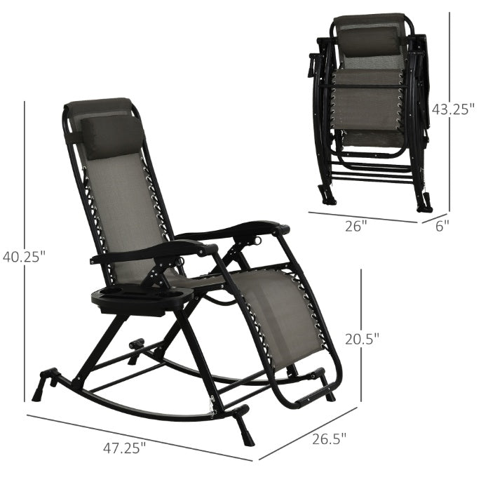 Reclining rocker chair with headrest and detachable tray, black frame, gray seat and back