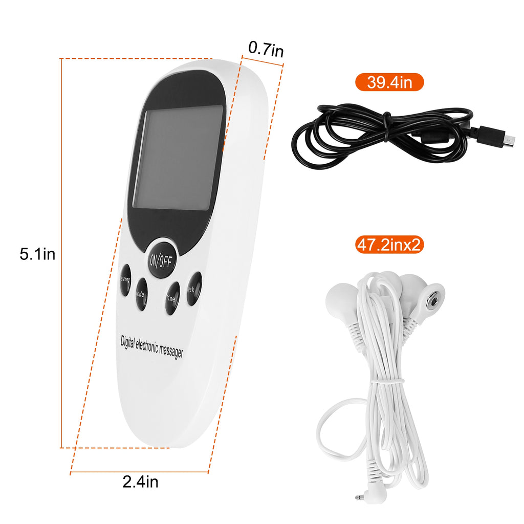 White digital electronic massager body with size diagram and power cable