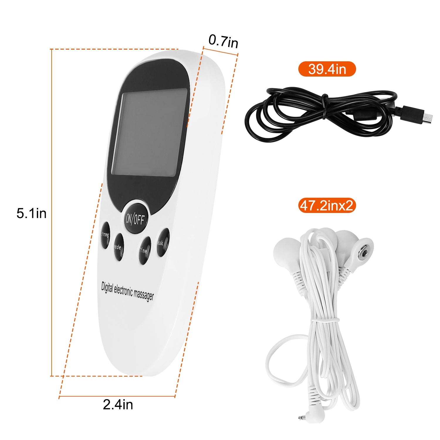 White digital electronic massager body with size diagram and power cable