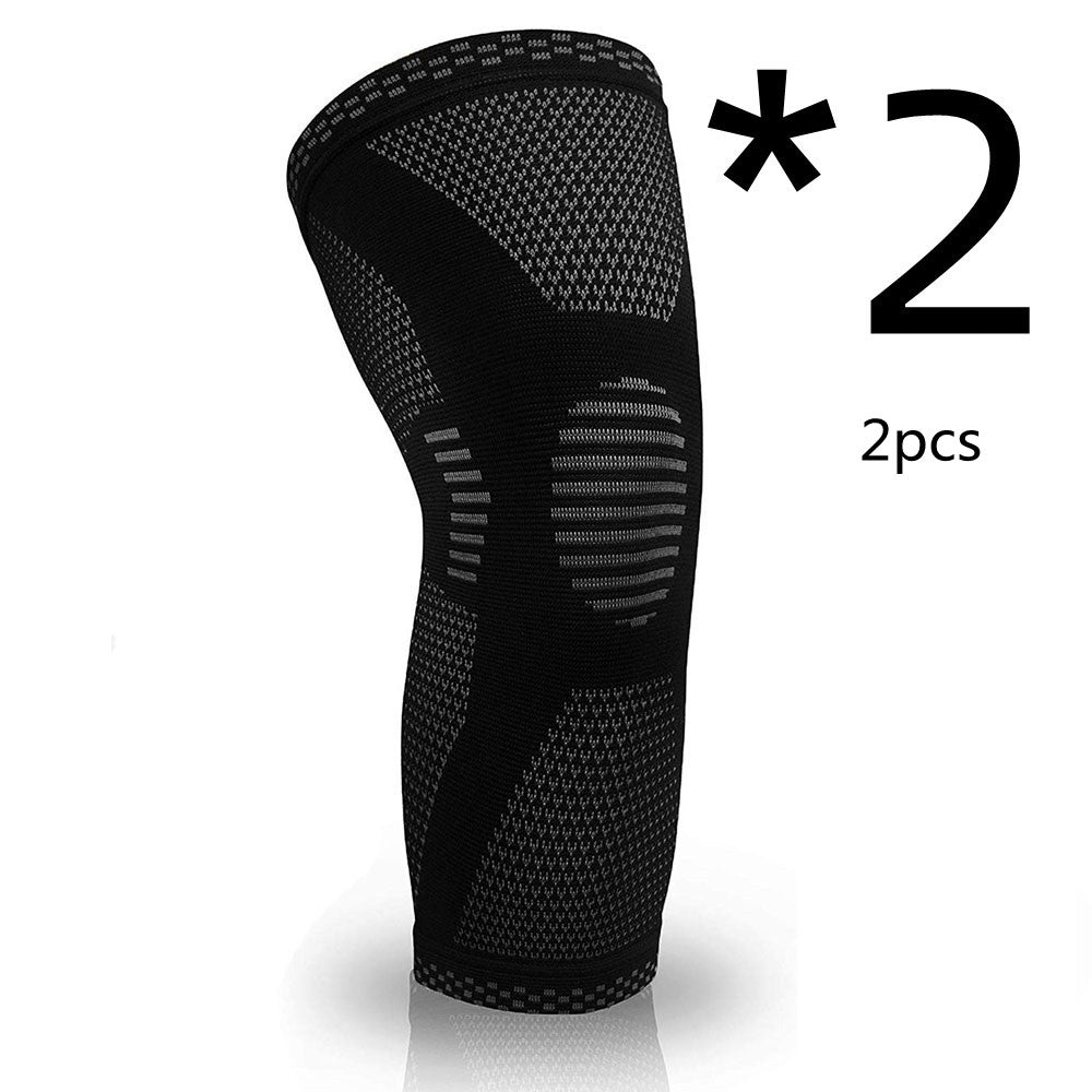 Black knee compression sleeve with teal knit stripes and ribbed compression bands