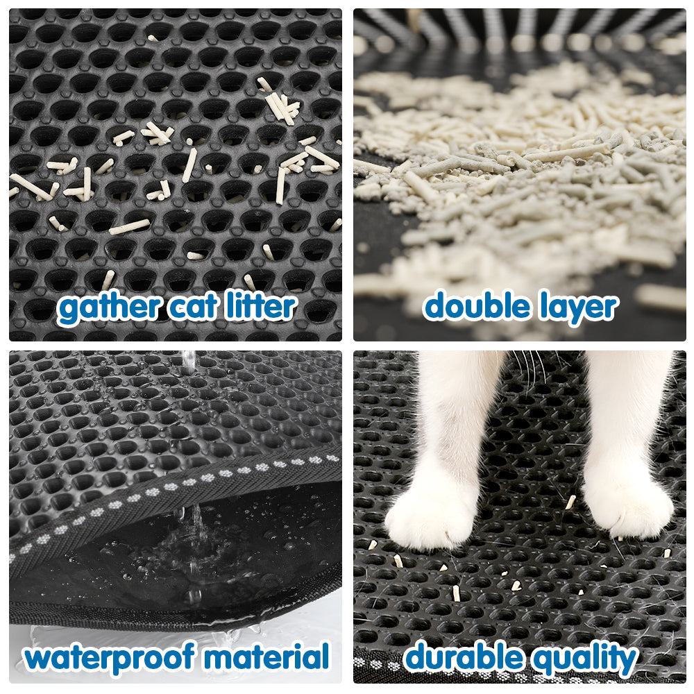 Black cat litter mat surface texture with litter on top and stitched edge