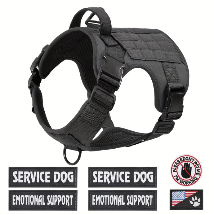 Black tactical service dog harness vest with front D-ring and padded shoulder straps