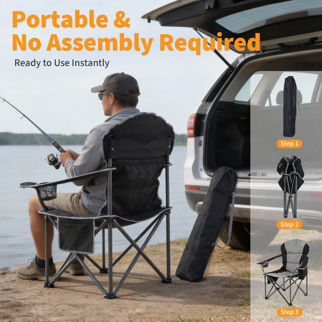 Portable camping folding chair with black carry bag and folded steel frame