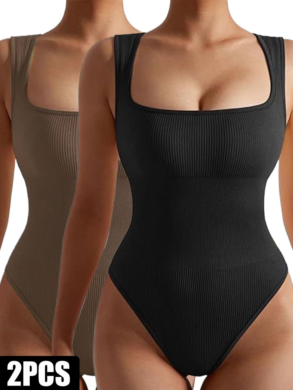2-pack seamless ribbed romper bodysuit, black and cocoa brown, scoop neck, sleeveless