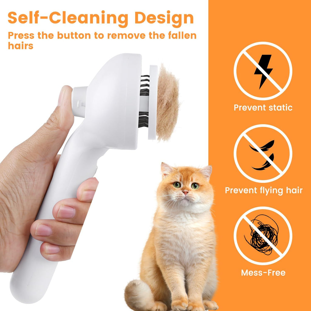 White self-cleaning pet steam brush held upright, head with bristle plate visible