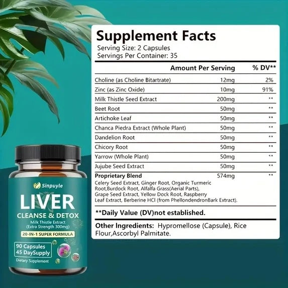 Supplement Facts for Liver cleanse & detox; bottle shown with serving and ingredient list