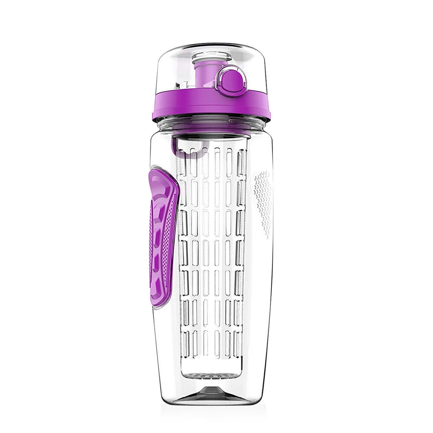 32oz fruit infuser water bottle with flip-top purple lid and built-in strainer