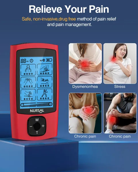 Red TENS unit controller with LCD display and electrode pad placement options