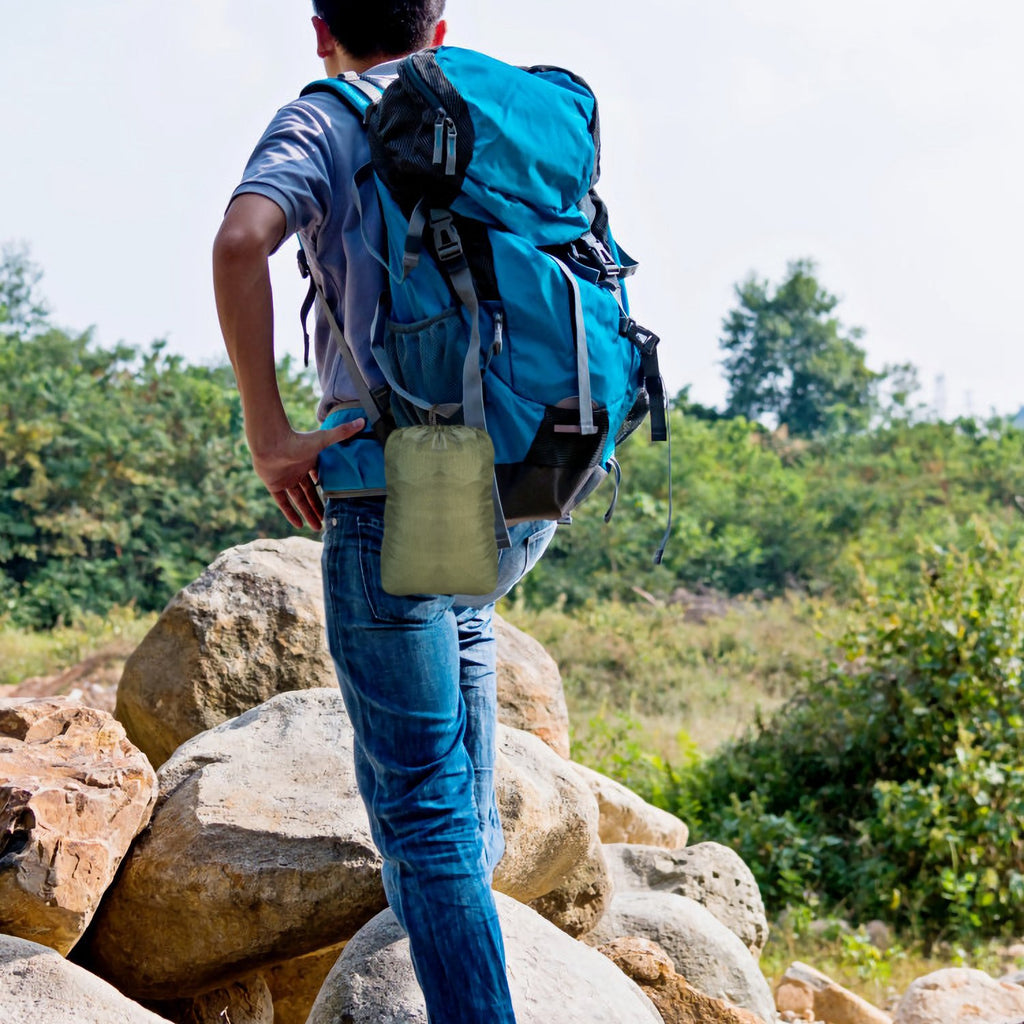 Camouflage hammock storage bag accessory on a travel backpack.