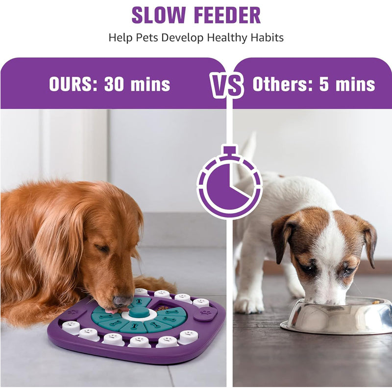 Purple dog puzzle slow feeder with teal center disc and white paw-dot sections
