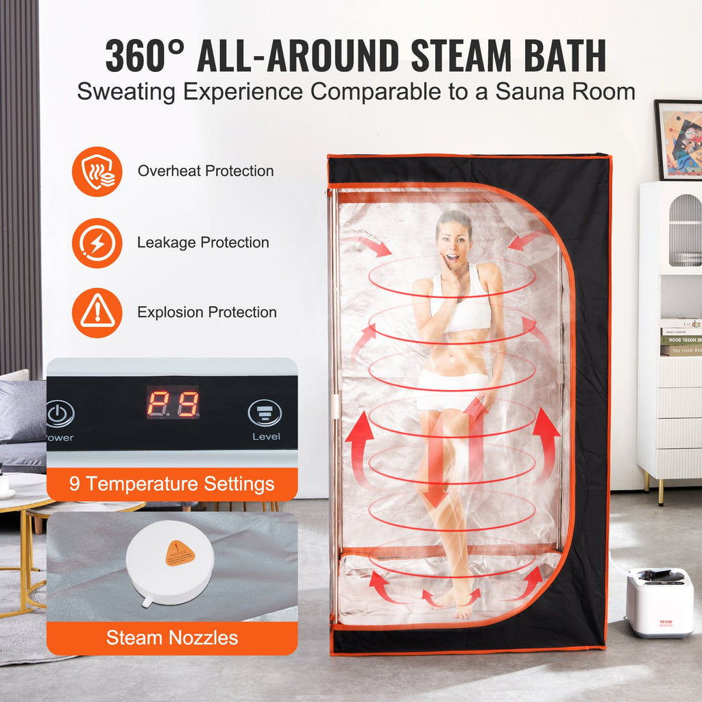 Black steam sauna tent with see-through door and 360° steam airflow arrows, orange trim