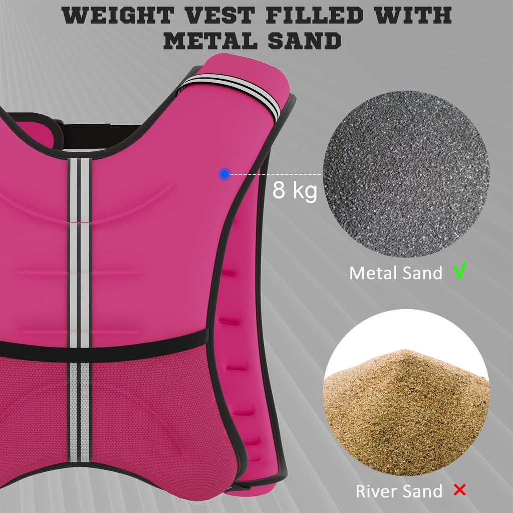 Pink weighted vest with front padding channels and black harness straps