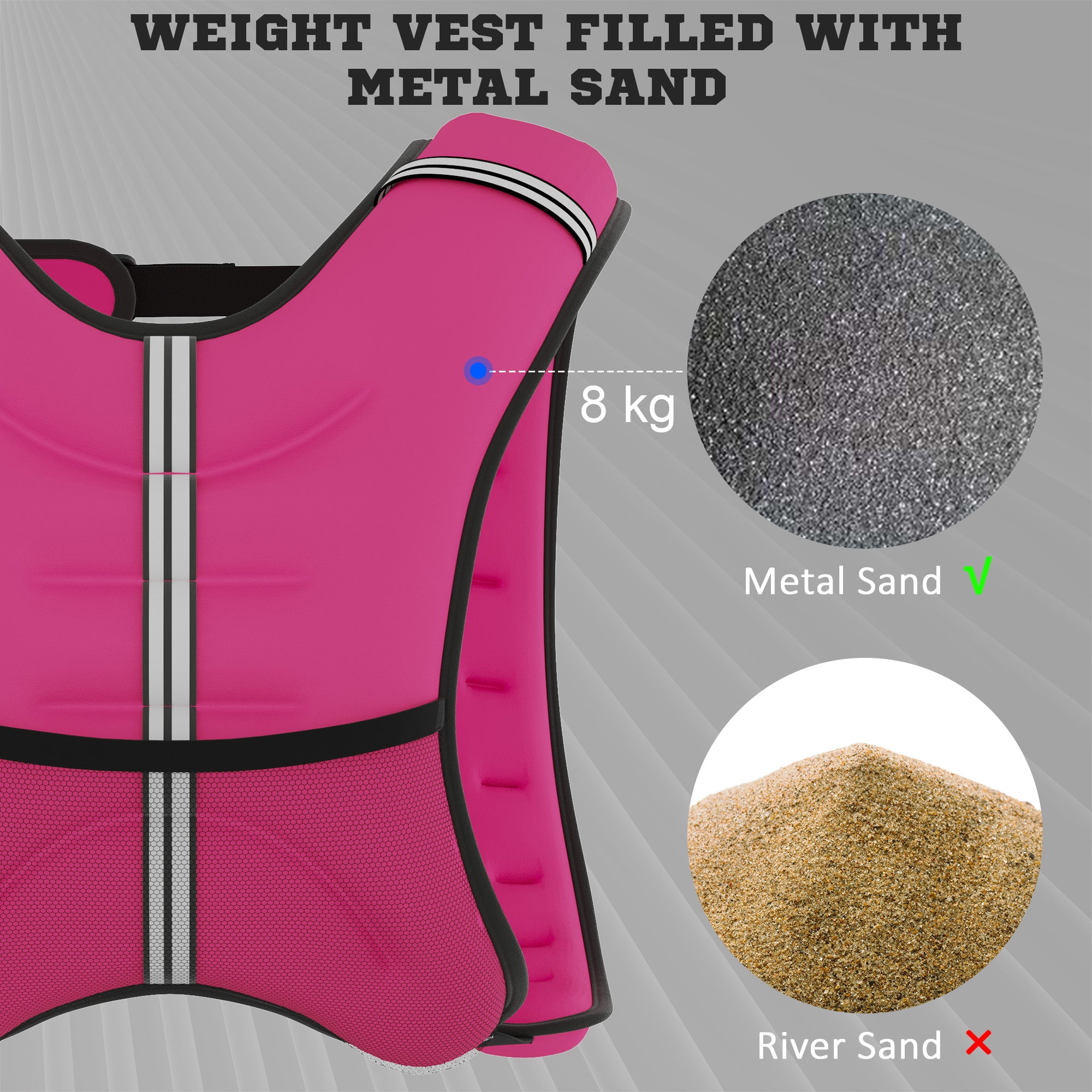Pink weighted vest with front padding channels and black harness straps