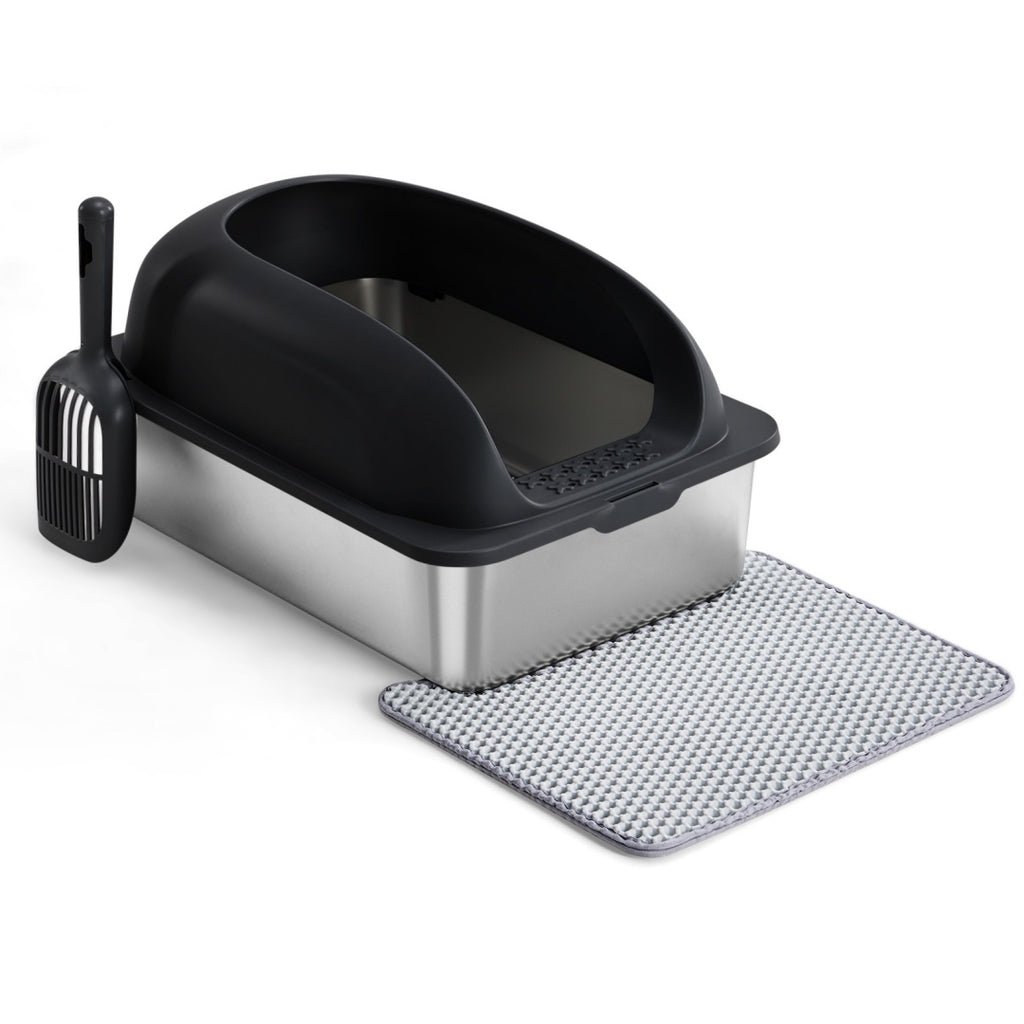 Large cat litter box with lid, stainless steel base, black hood; includes scoop and mat