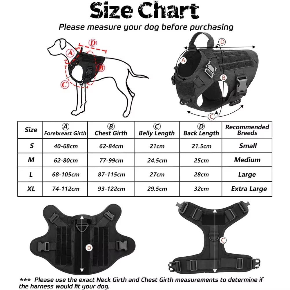 Size chart for tactical dog harness S–XL: measurements for girth and recommended breed size