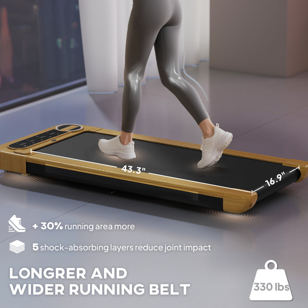 Wide walking treadmill with black belt and light wood deck, side view while stepping
