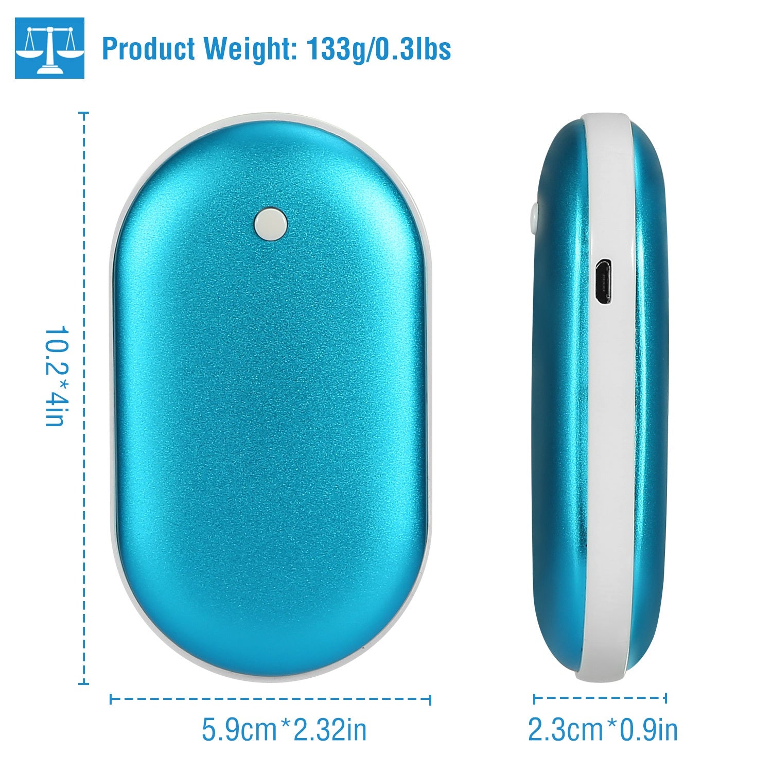 Hand warmer and power bank, blue oval front and side views showing compact body and ports.