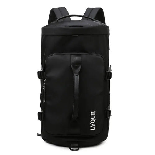 Black convertible gym bag backpack with front zip pocket and adjustable shoulder straps