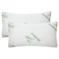 Two bamboo memory foam pillows with white cover and green bamboo logo print