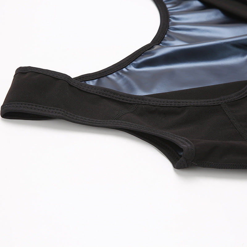 Curved edge close-up of black sauna vest with blue lining at neckline