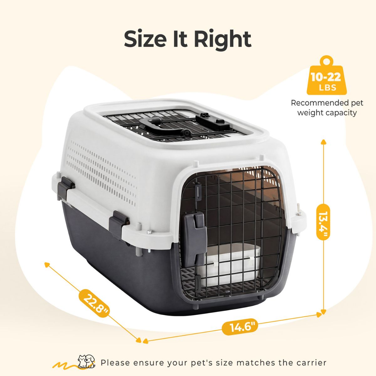 Hard-sided pet carrier with front wire door, side latches, and top ventilation, white and gray