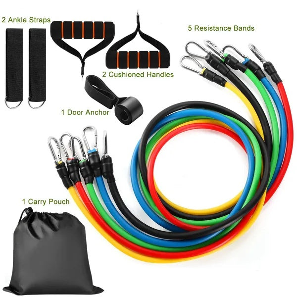 Complete resistance band system: 5 bands, door anchor, ankle straps, handles, carry pouch