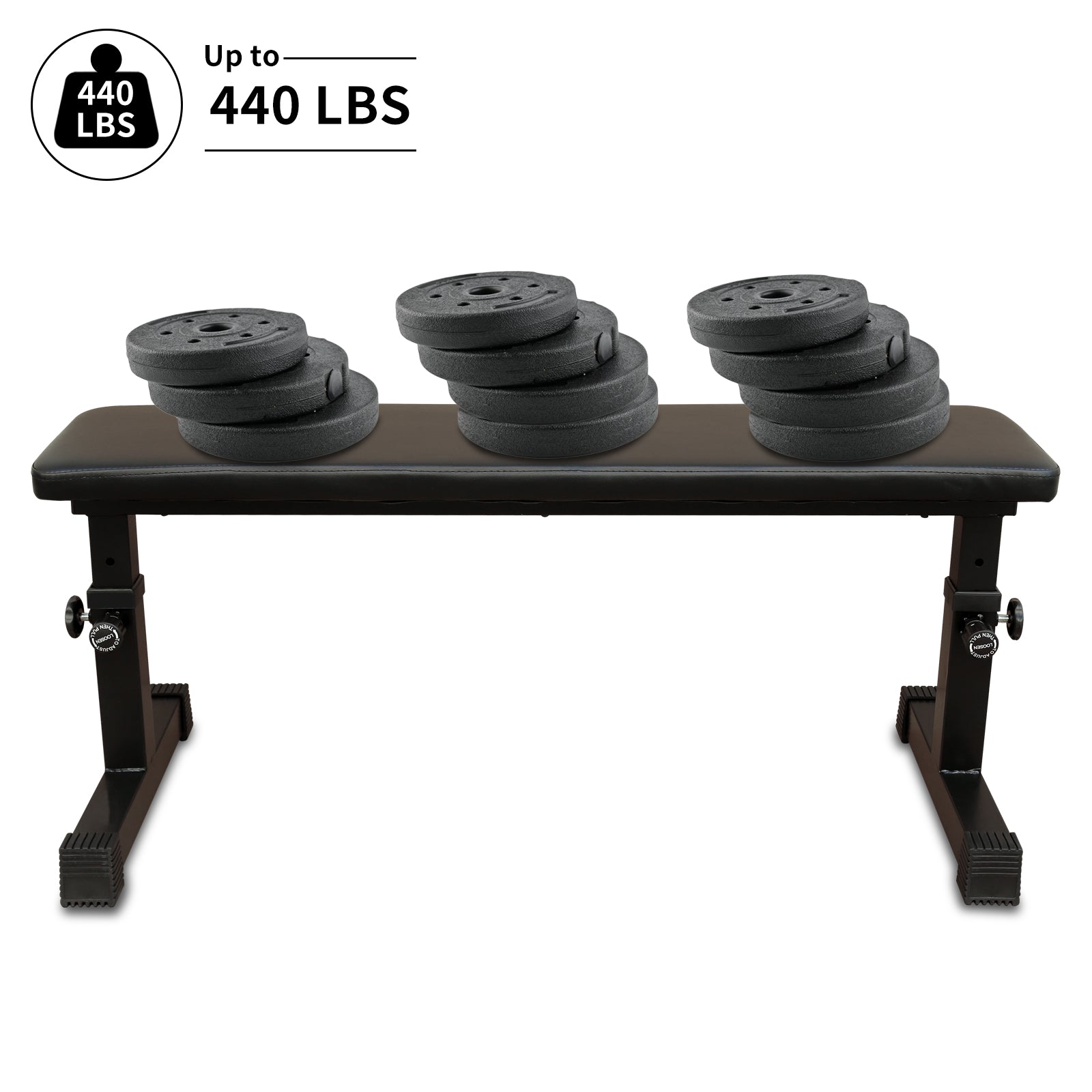 Flat weight bench with dark padded top and three circular weight rests, black.