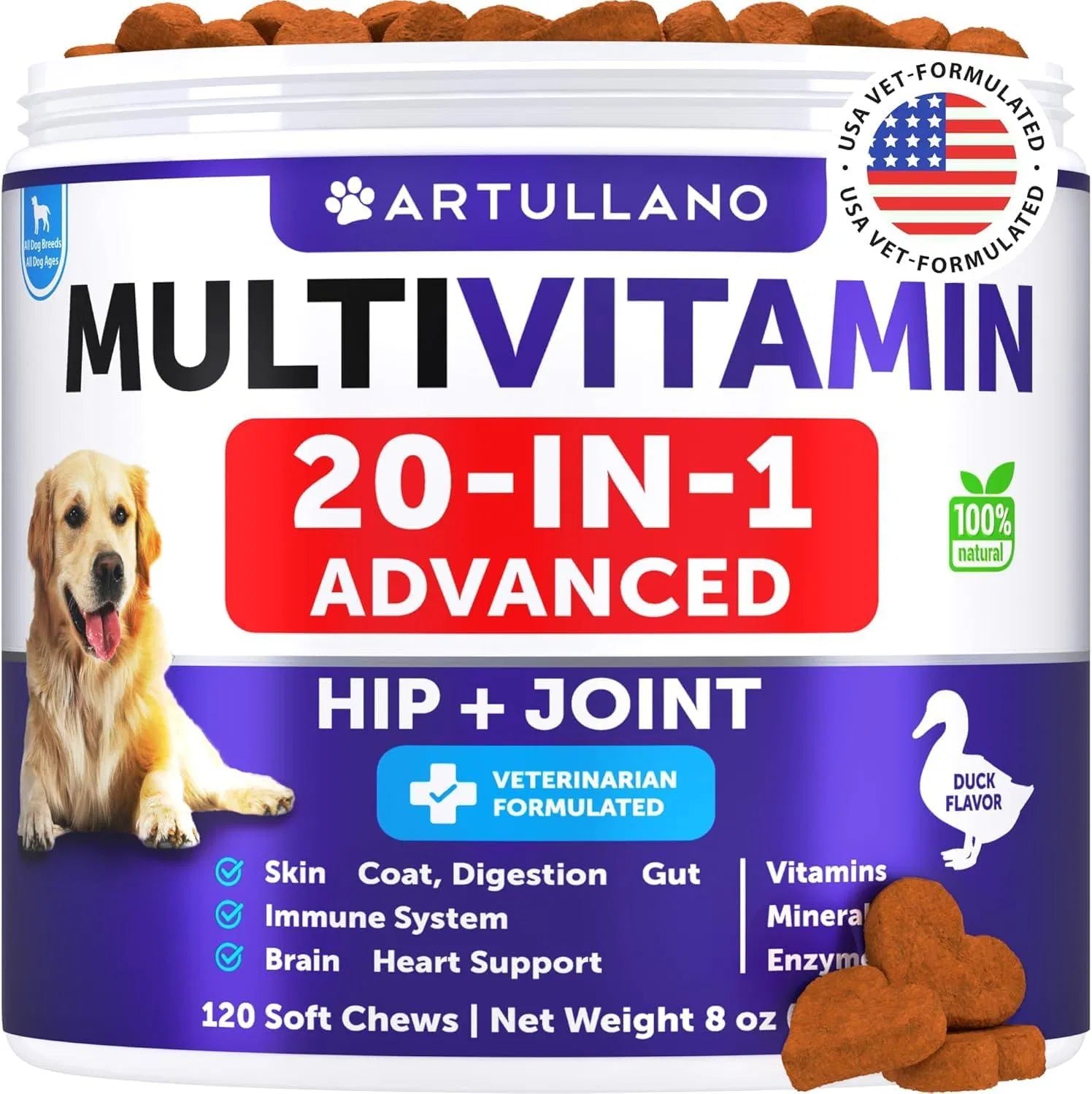 20-in-1 dog multivitamin soft chews, Hip + Joint, duck flavor jar with 120 chews