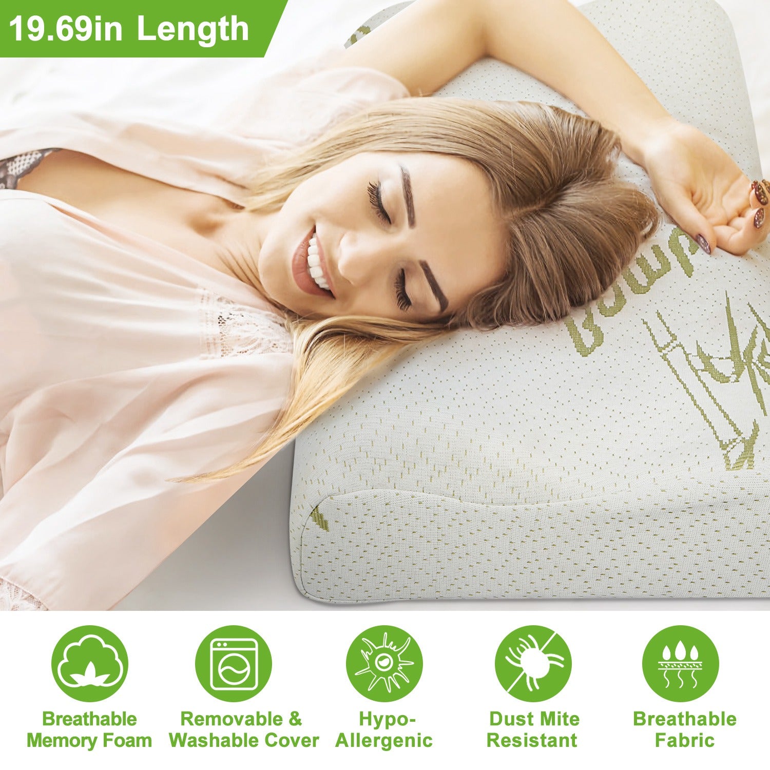 Bamboo contoured neck support pillow with light beige cover and green bamboo print