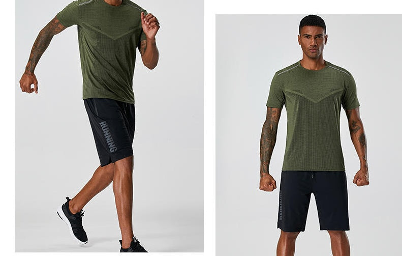 Black quick-dry running shorts with elastic waistband, drawstring, and side stripe detail.